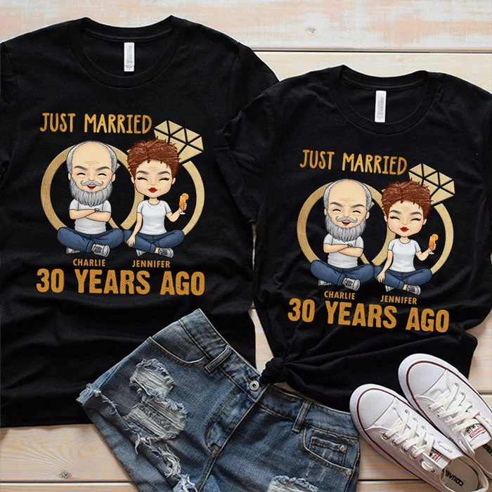 Just Married Many Years Ago - Personalized Matching Couple T-Shirt - Gift For Couple, Husband Wife, Anniversary, Engagement, Wedding, Marriage Gift