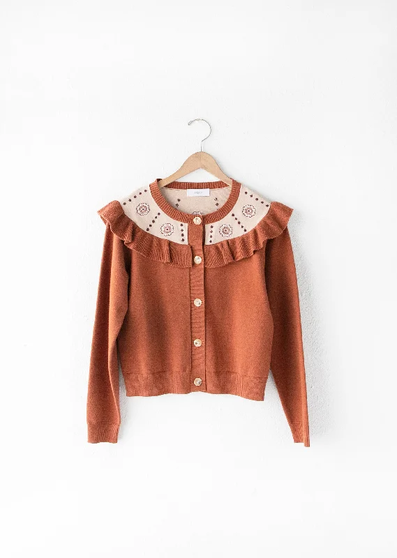 Ami Ruffled Yoke Embroidered Cardigan - FINAL SALE