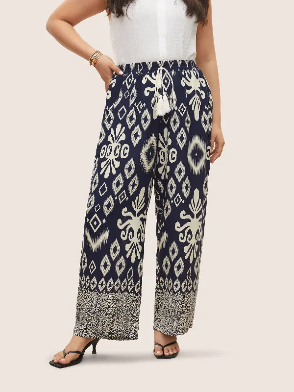 Bandana Tassel Trim Elastic Waist Wide Leg Pants