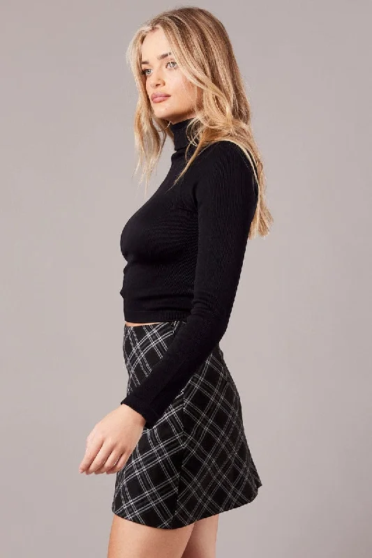 Black Check Mini Skirt High Rise