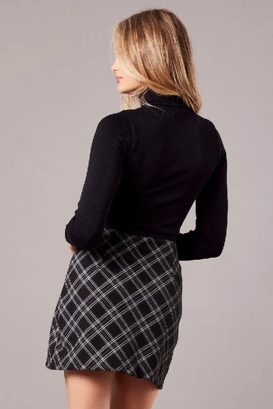 Black Check Mini Skirt High Rise