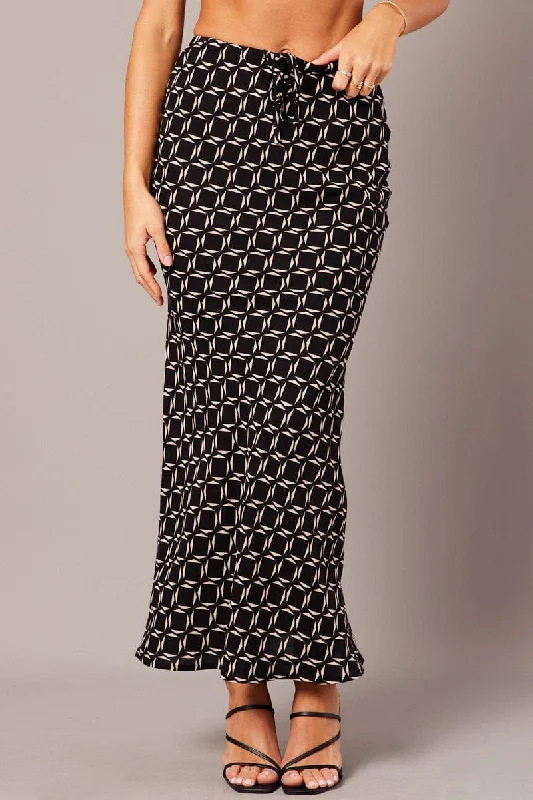 Black Geo Slip Skirt Maxi Drawstring Waist