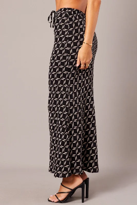 Black Geo Slip Skirt Maxi Drawstring Waist