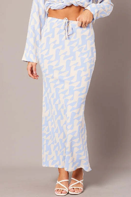 Blue Abstract Slip Skirt Maxi Drawstring Waist