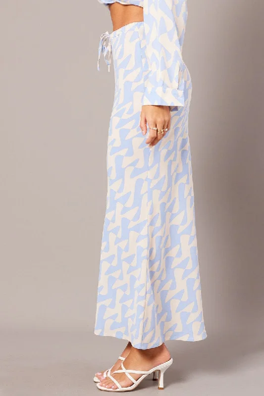 Blue Abstract Slip Skirt Maxi Drawstring Waist