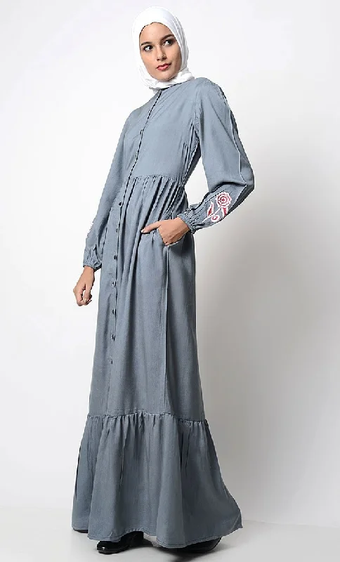 Bright Floral Embroidered Front Open Abaya-Gray