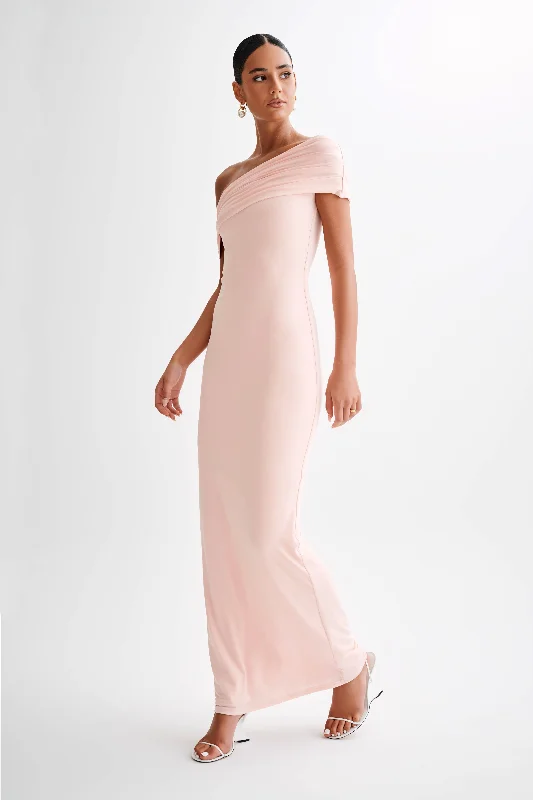 Cassandra Off Shoulder Slinky Maxi Dress - Pale Pink