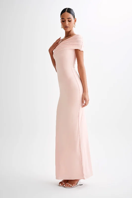 Cassandra Off Shoulder Slinky Maxi Dress - Pale Pink