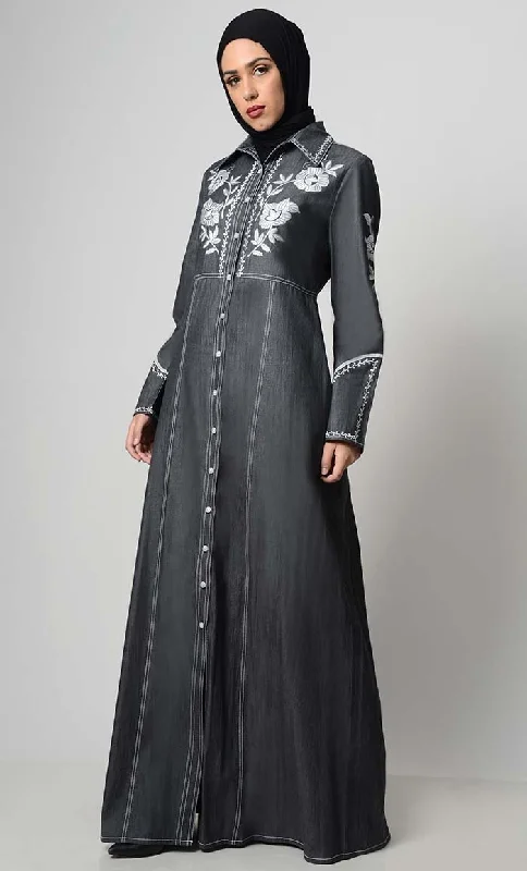 Contrast Embroidered Denim Abaya