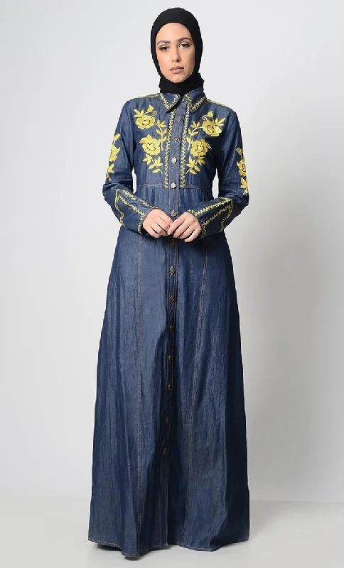 Contrast Embroidered Denim Abaya