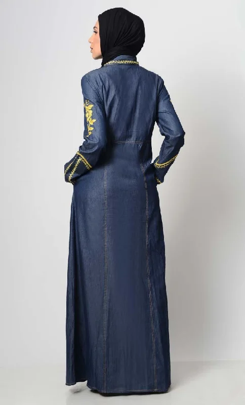 Contrast Embroidered Denim Abaya