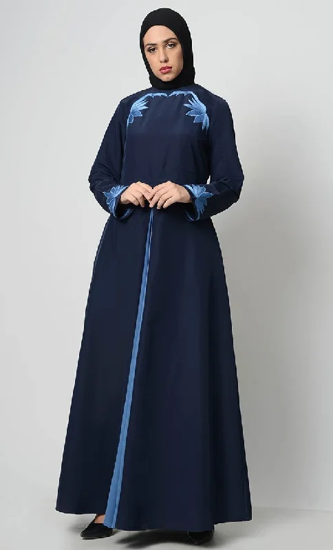 Contrast Embroidered Grace Abaya-Navy