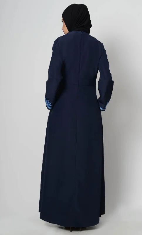 Contrast Embroidered Grace Abaya-Navy