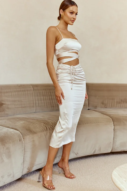 Desert Skies Ruched Drawstring Satin Midi Skirt Champagne