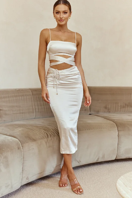 Desert Skies Ruched Drawstring Satin Midi Skirt Champagne