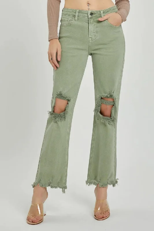 Distressed Straight Leg Olive Jeans