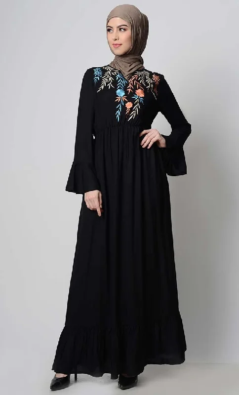 Falling Veil Embroidered abaya dress-Black