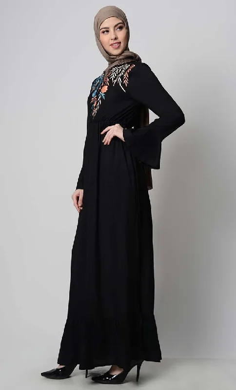 Falling Veil Embroidered abaya dress-Black