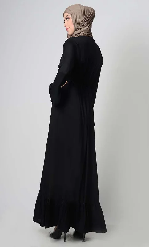 Falling Veil Embroidered abaya dress-Black