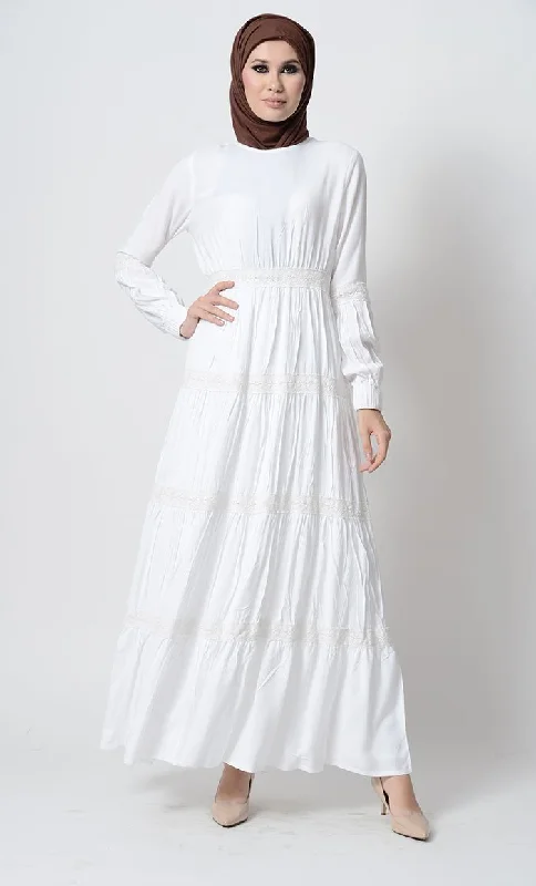 Fancy laced tiered  Rayon Abaya Dress-White