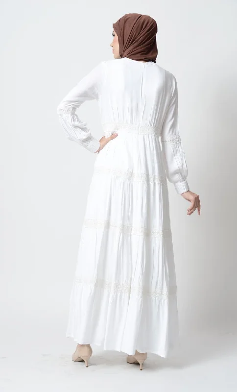 Fancy laced tiered  Rayon Abaya Dress-White