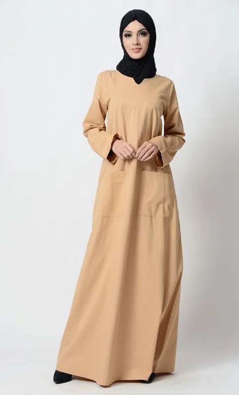 Sweetheart neckline modest wear casual abaya dress-Sand