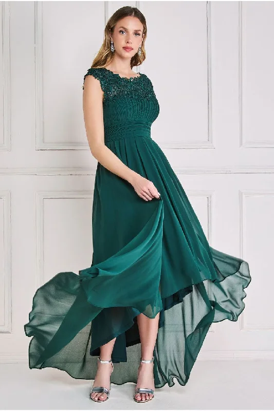 Goddiva Crochet & Pleated Top High Low Maxi - Emerald