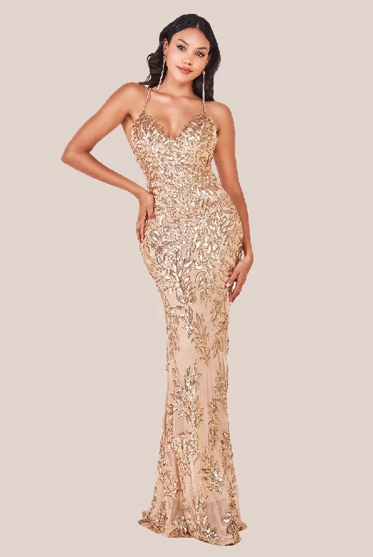 Goddiva Cross Back Diamante Strap Sequin Maxi - Gold