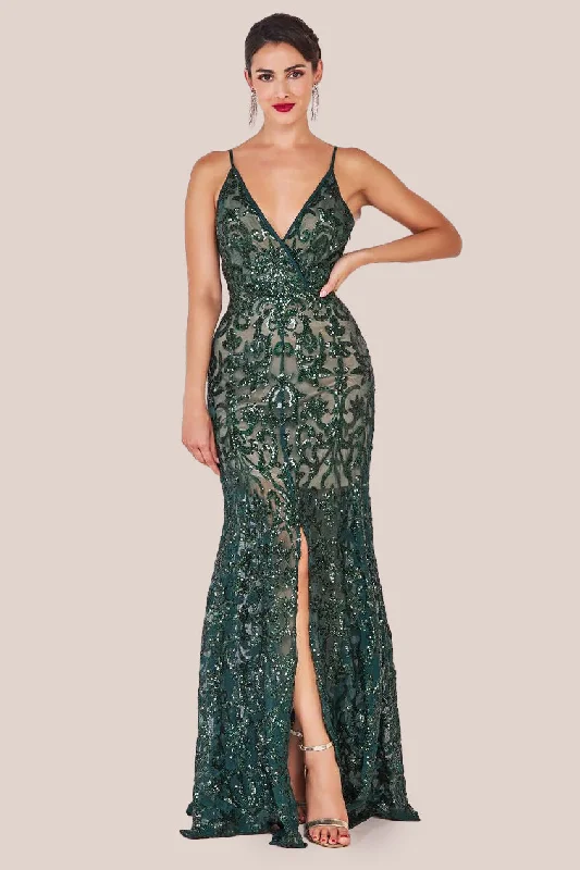 Goddiva Iridescent Sequin Maxi With Front Split - Emerald Green