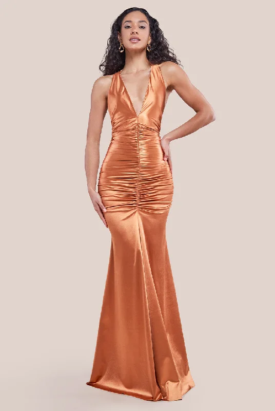 Goddiva Multi-Tied Satin Gathered Ring Maxi Dress - Bronze