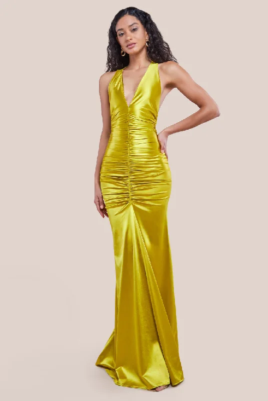 Goddiva Multi-Tied Satin Gathered Ring Maxi Dress - Lime