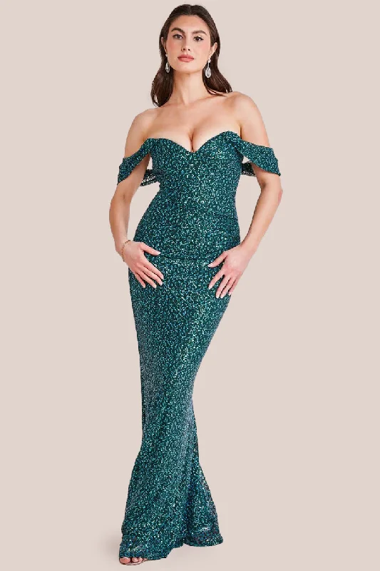 Goddiva Off The Shoulder Sequin Wing Maxi - Emerald Green