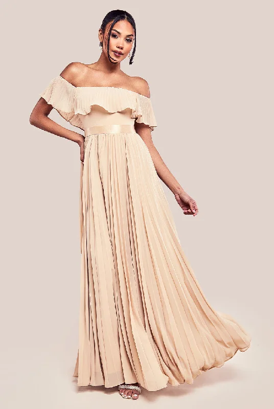 Goddiva Pleated Chiffon Off Shoulder Maxi Dress - Beige