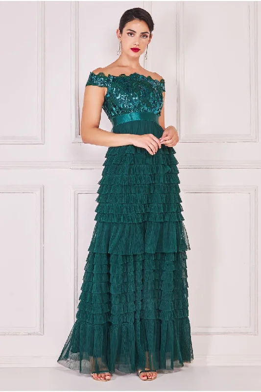 Goddiva Scallop Bardot Ruffle Mesh Maxi - Emerald Green