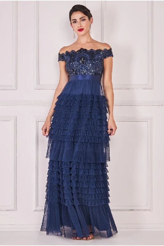 Goddiva Scallop Bardot Ruffle Mesh Maxi - Navy