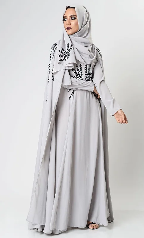 Gray Dramatic Lavish Embroiderd Abaya