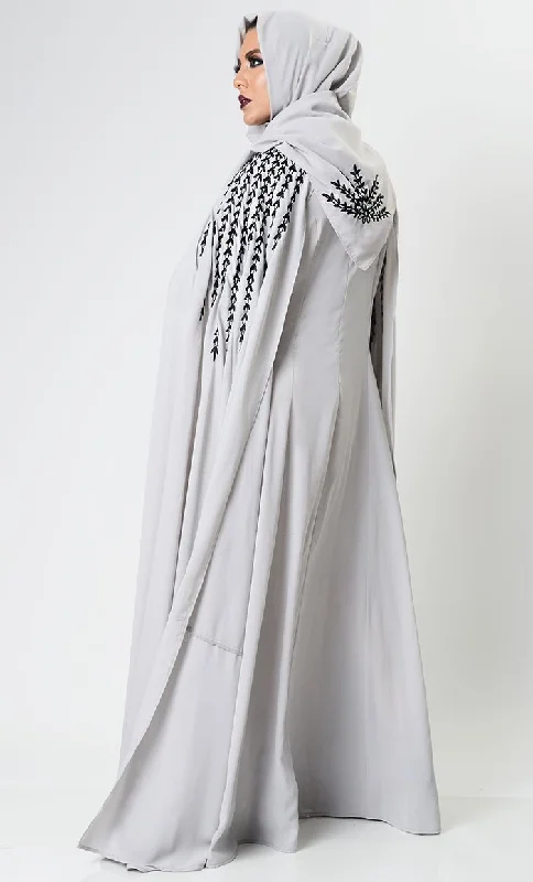 Gray Dramatic Lavish Embroiderd Abaya