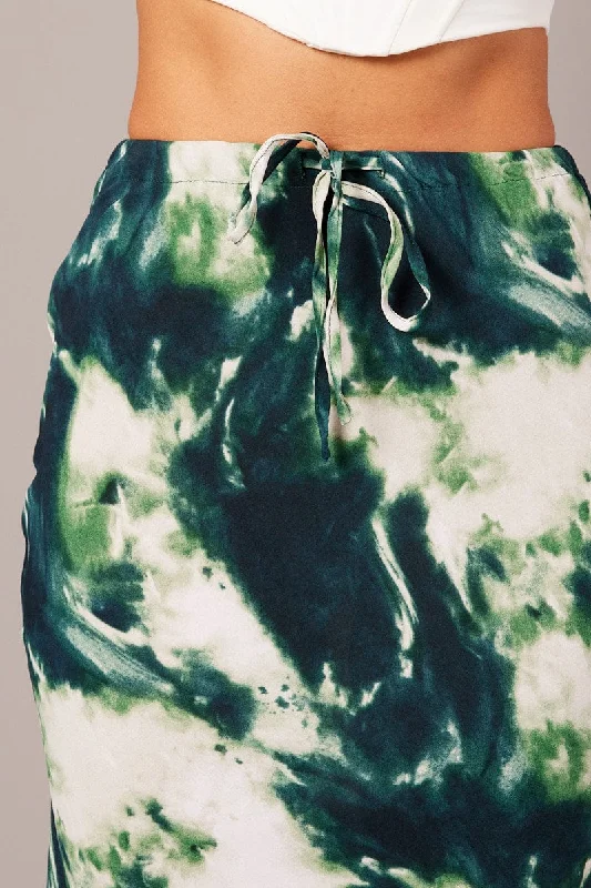 Green Abstract Slip Skirt Maxi Drawstring Waist