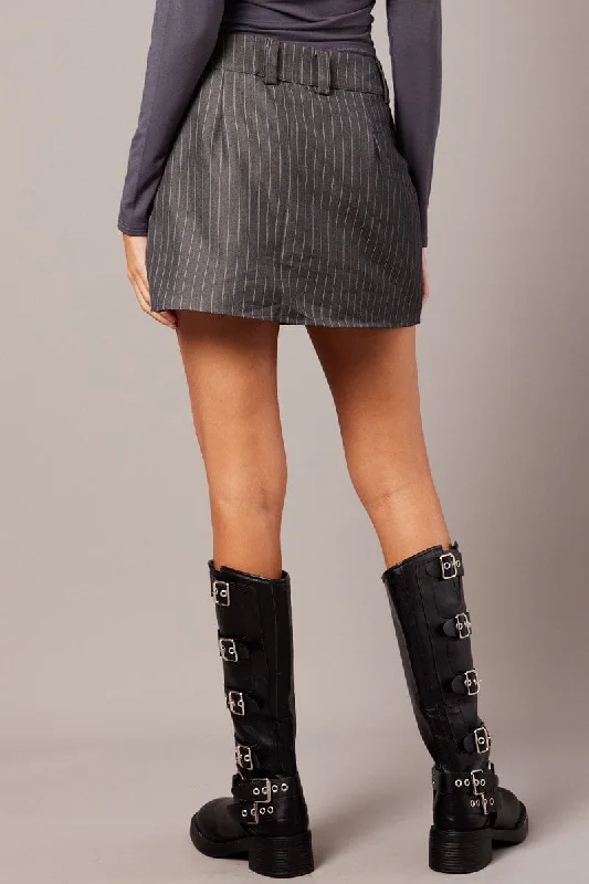 Grey Stripe Mini Skirt Mid Rise