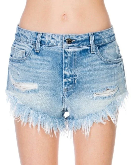 High Waist Distressed Denim Shorts - Light Denim