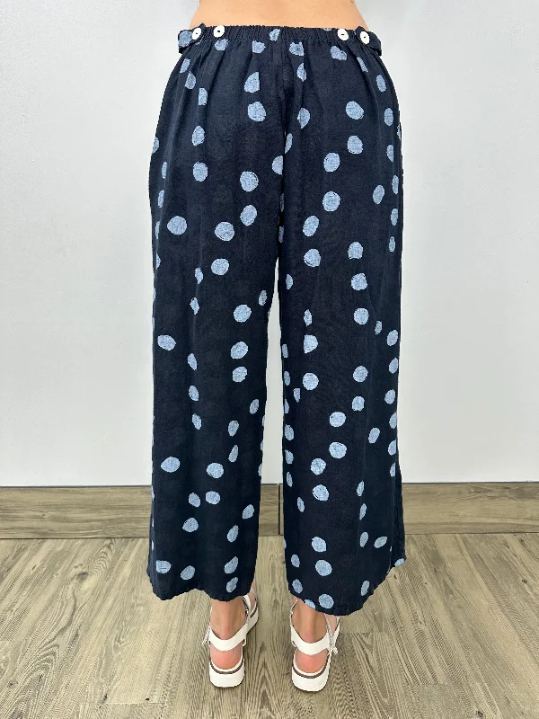 Ink Dots Linen Flat Front Crop Pant with Adjustable Waist