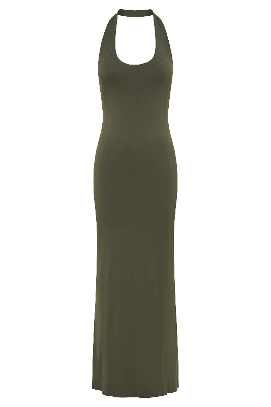 Jessica Modal Halter Maxi Dress - Military Olive