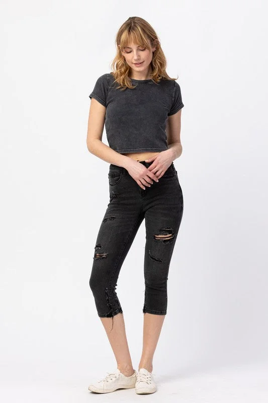 Judy Blue Destroyed Black Skinny Capris Regular & Curvy