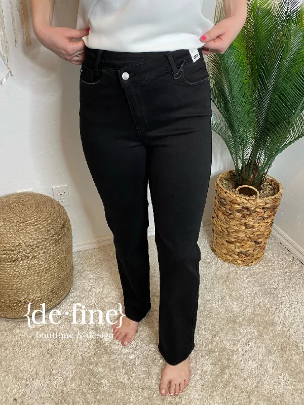 Judy Blue High Waist Criss Cross Straight Black Jeans in Regular & Curvy