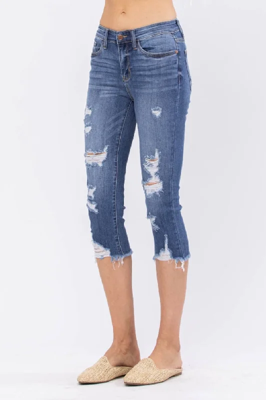 Judy Blue Mid Rise Skinny Raw Hem Capri - Medium Wash