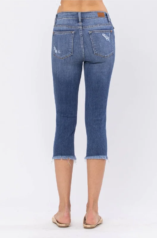 Judy Blue Mid Rise Skinny Raw Hem Capri - Medium Wash