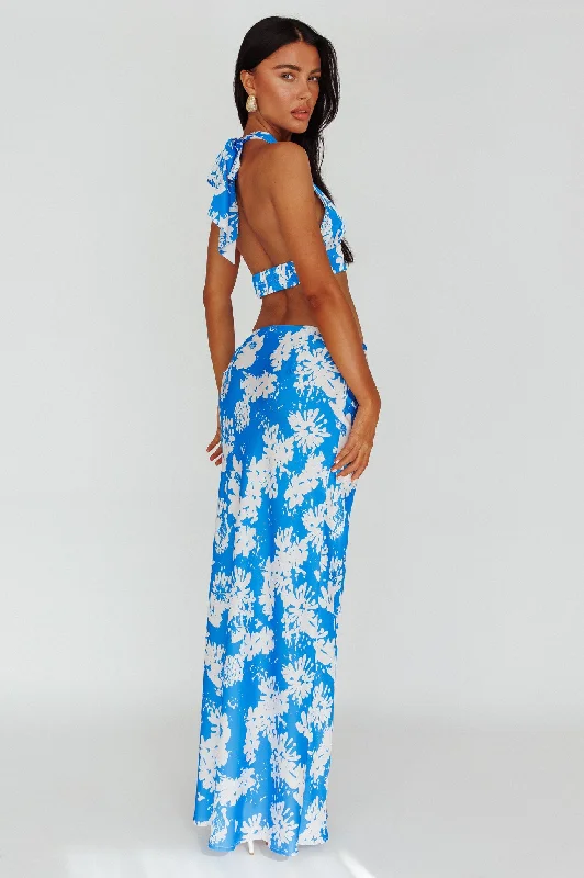 Manila Satin Maxi Skirt Blue Floral