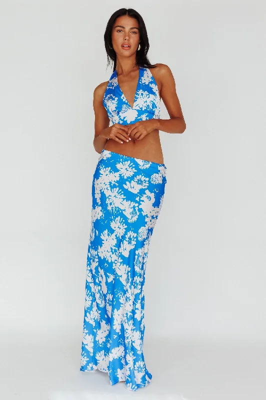 Manila Satin Maxi Skirt Blue Floral