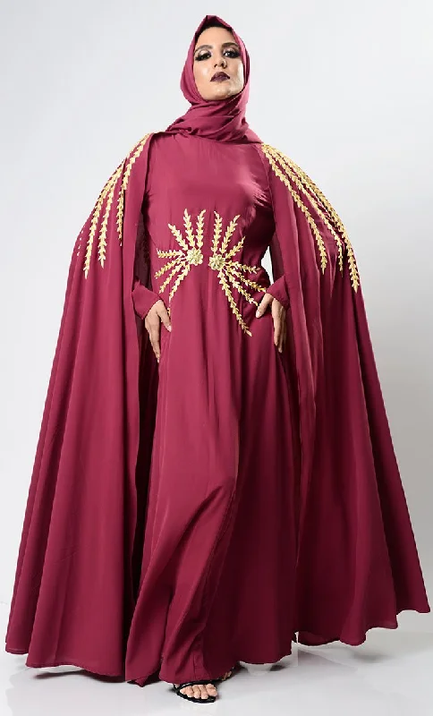 Maroon Dramatic Lavish Embroiderd Abaya