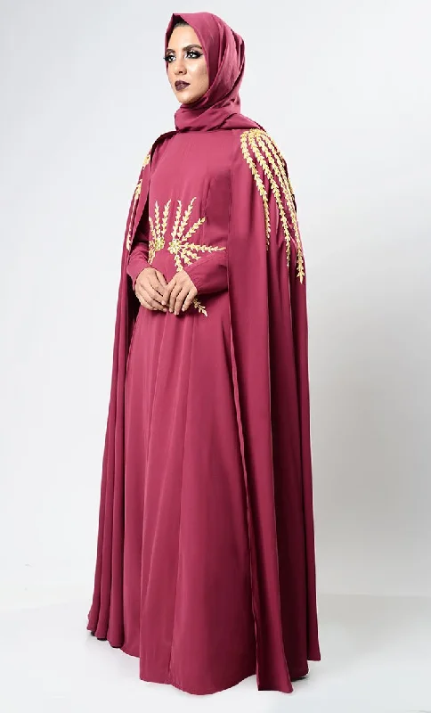 Maroon Dramatic Lavish Embroiderd Abaya